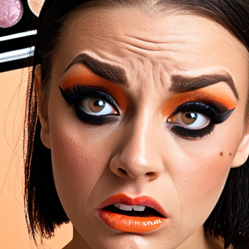 Home 11 **A humorous depiction of early makeup struggles.** A woman with mismatched, poorly applied makeup (uneven eyeliner, orange foundation, badly blended eyeshadow), looking frustrated but determined. Include makeup brushes and products scattered around, highlighting the "disaster to diva" concept. Think comedic, slightly exaggerated, but relatable.