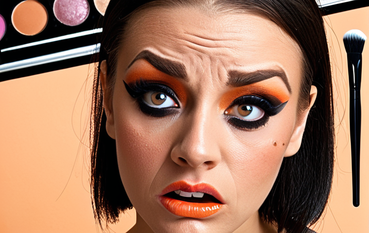 **A humorous depiction of early makeup struggles.** A woman with mismatched, poorly applied makeup (uneven eyeliner, orange foundation, badly blended eyeshadow), looking frustrated but determined. Include makeup brushes and products scattered around, highlighting the "disaster to diva" concept. Think comedic, slightly exaggerated, but relatable.