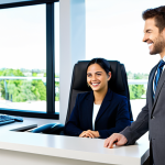 Home 11 업무 중 고객과의 갈등 해결 사례 - **
A friendly customer service representative, fully clothed in business casual attire, assisting a...