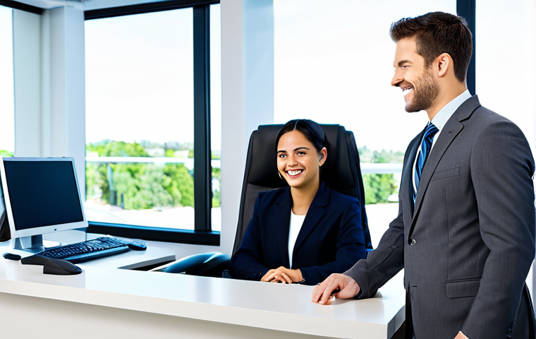 업무 중 고객과의 갈등 해결 사례 - **
A friendly customer service representative, fully clothed in business casual attire, assisting a...