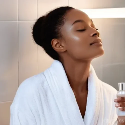 Home 21 메이크업 전문가의 자기관리 비법 - **Prompt: Radiant Skincare Ritual:** A young woman, early 30s, with naturally glowing, healthy skin,...